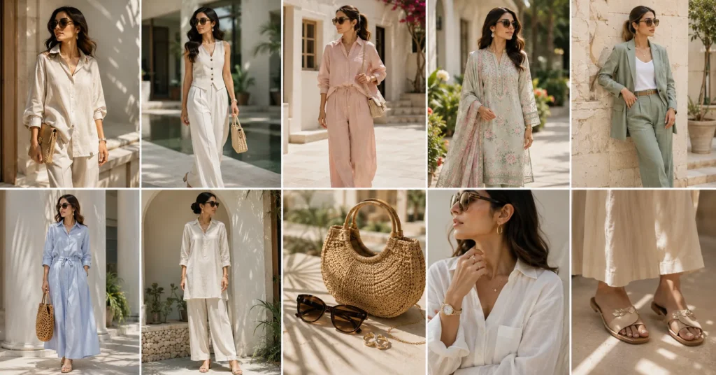Pakistani and Asian fashion models showcasing the top summer fashion trends for 2026 including linen outfits, lawn suits, pastel co-ords, and modern casual style.