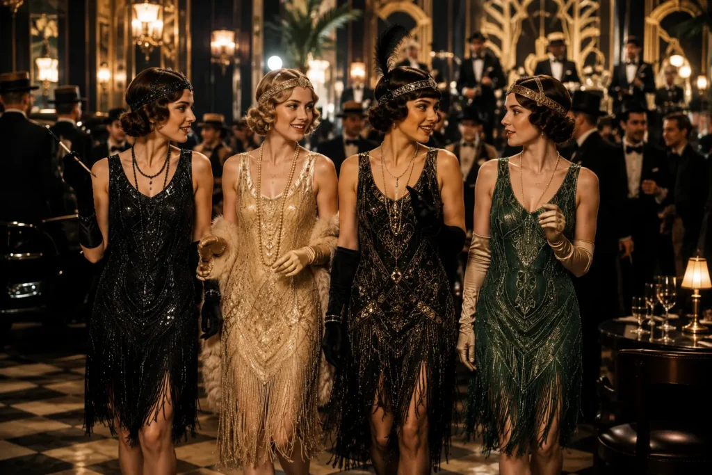 Women wearing elegant flapper dresses during the 1920s
