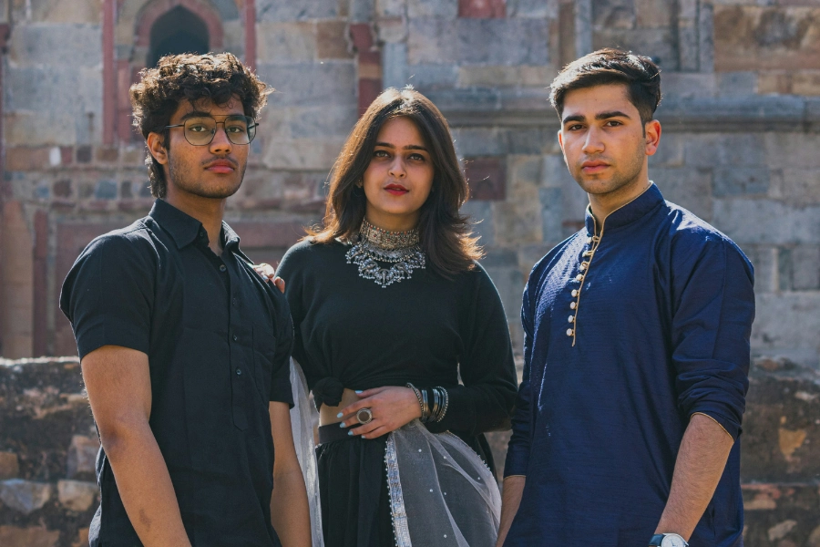 Young professionals wearing stylish clothing in different everyday situations