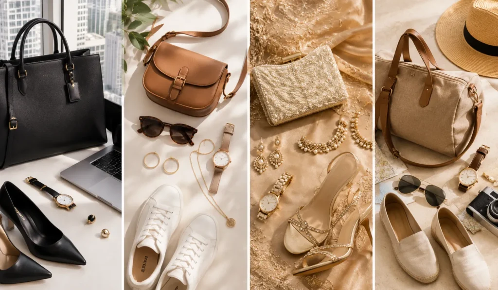 Fashion accessories guide showing accessories styled for office, casual, wedding and travel occasions