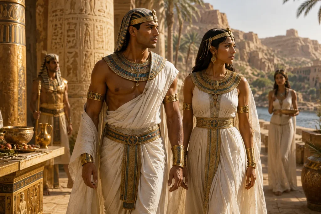 Ancient Egyptian men and women wearing traditional linen garments and gold jewelry