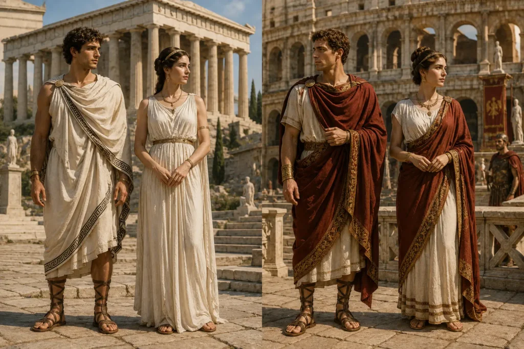 Ancient Greek and Roman clothing styles displayed side by side