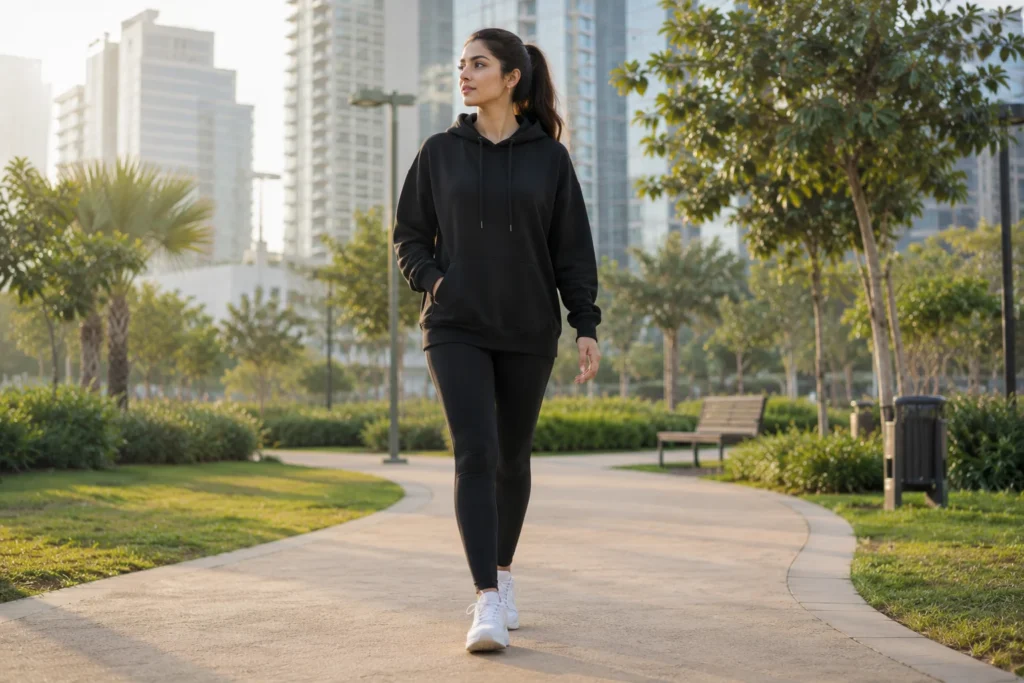 Modern athleisure outfit with leggings, hoodie, and sneakers