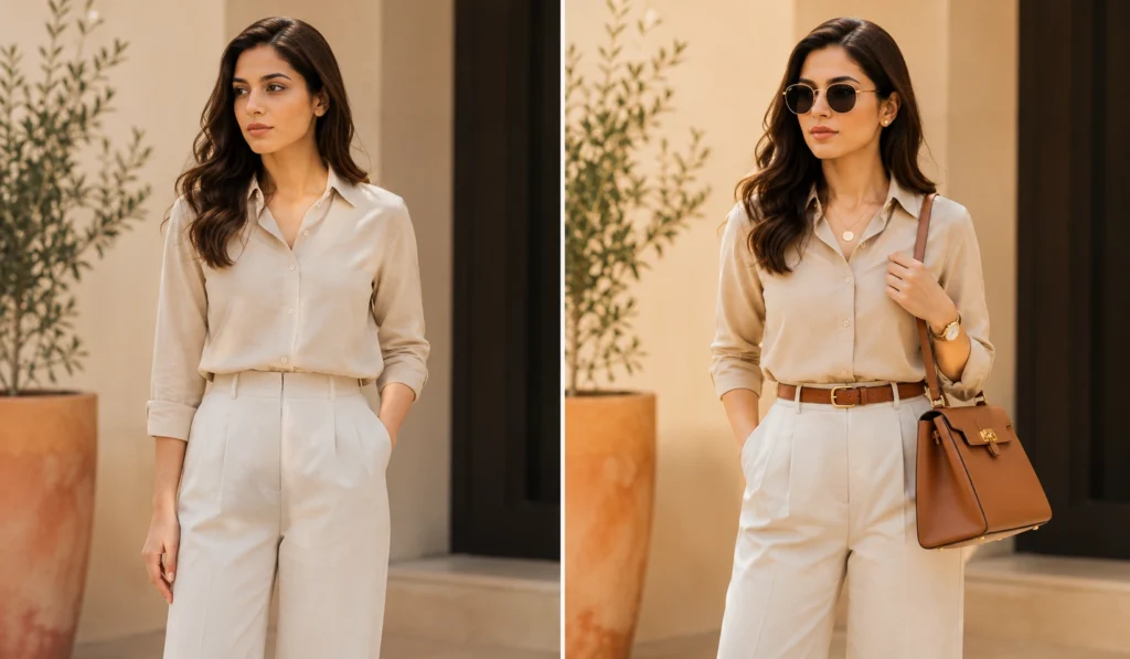 Stylish accessories including handbags, jewelry, watches and sunglasses completing modern outfits