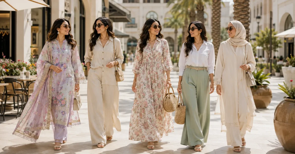 Pakistani women wearing stylish summer outfits for 2026 including lawn suits, linen co-ords, maxi dresses, and breathable casual fashion.