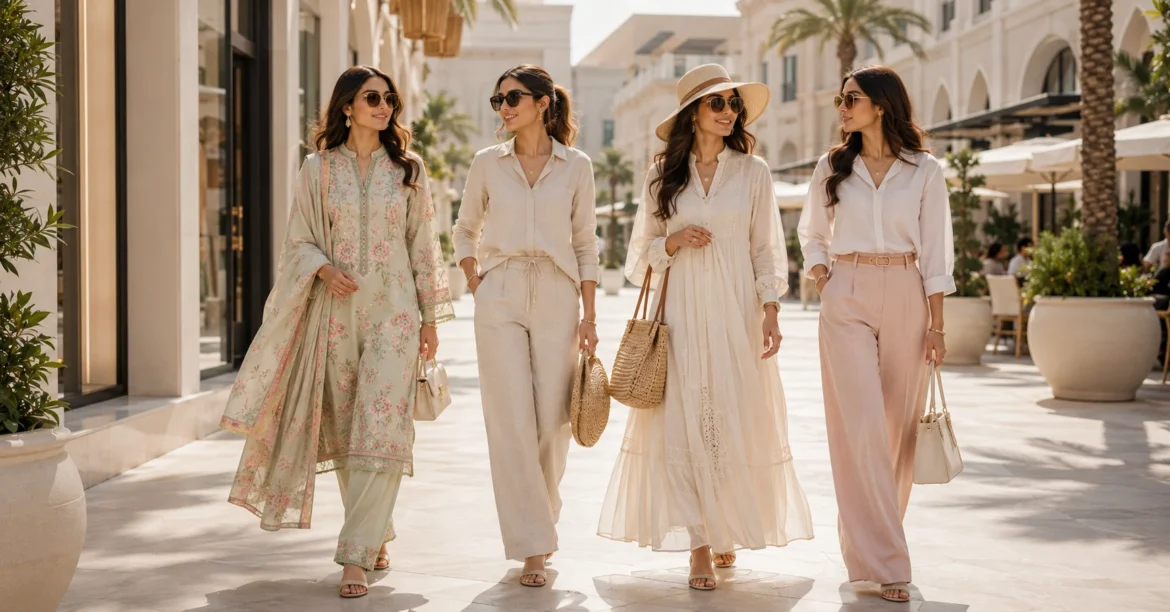 Stylish Pakistani women wearing trendy summer outfits for 2026 including lawn suits, linen co-ords, maxi dresses, and casual summer fashion.