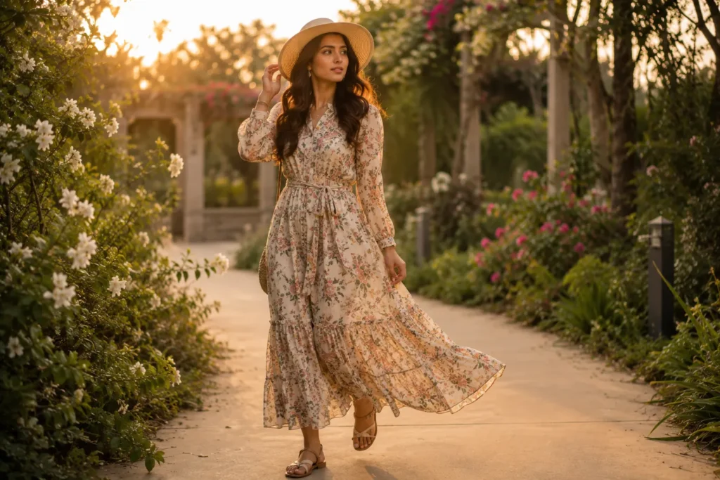 Woman wearing a flowing bohemian outfit with floral prints and a straw hat