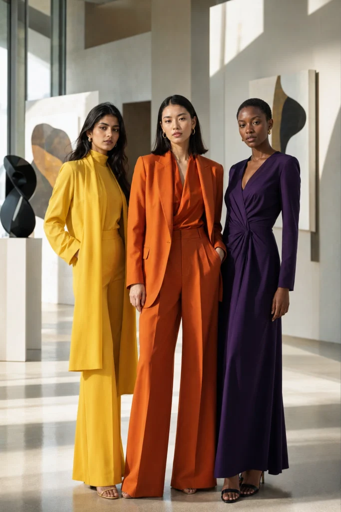 Luxury fashion featuring vibrant yellow, orange and purple clothing.