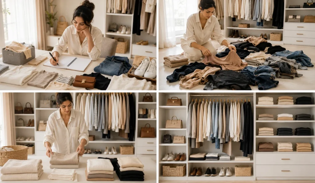 Step-by-step process of building a capsule wardrobe with organised clothing and checklist