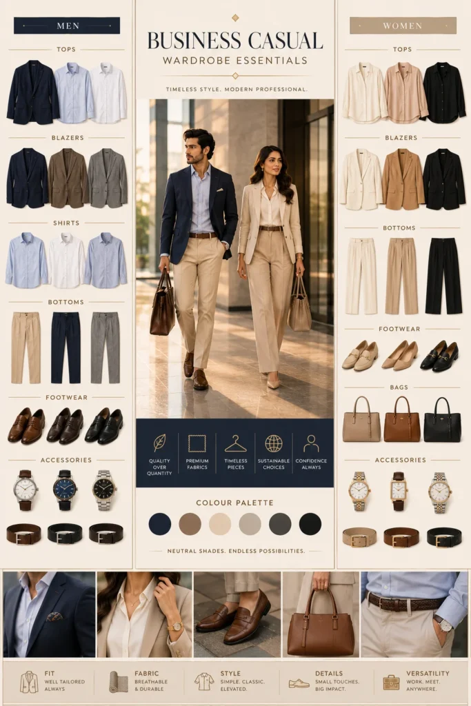 Business casual attire checklist with clothing essentials for men and women.