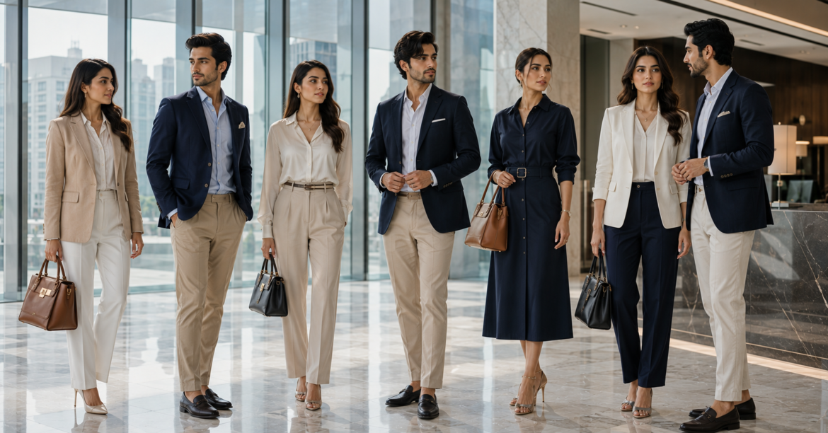 Pakistani professionals wearing modern business casual attire in a luxury corporate environment.