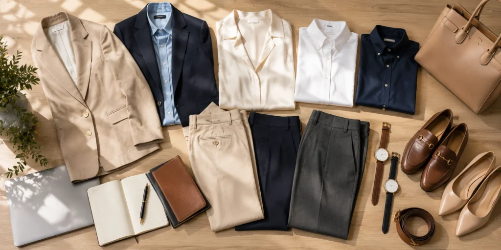 Business Casual wardrobe essentials including blazers, shirts, trousers, loafers, and accessories.Business Casual Attire