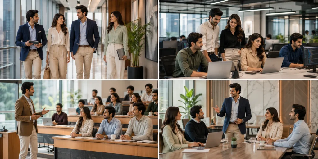 Office professionals wearing blazers and tailored trousers