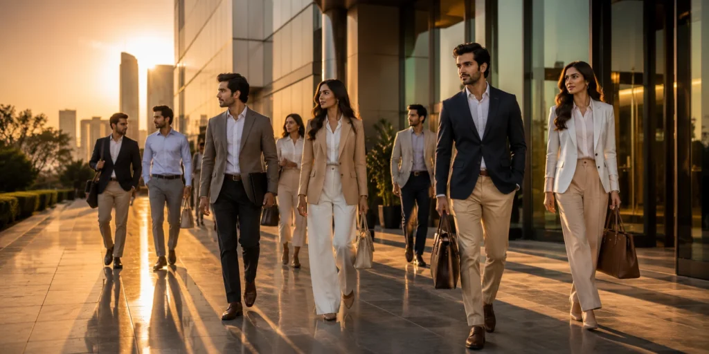 Confident professionals demonstrating timeless business casual style.
