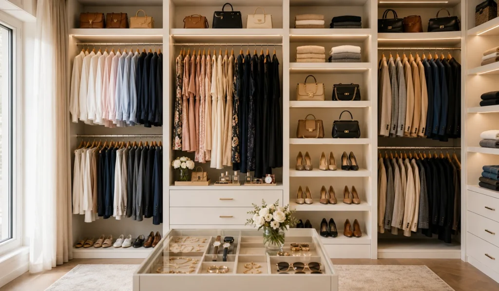 Capsule wardrobe checklist showing organised clothing categories for a minimalist wardrobe