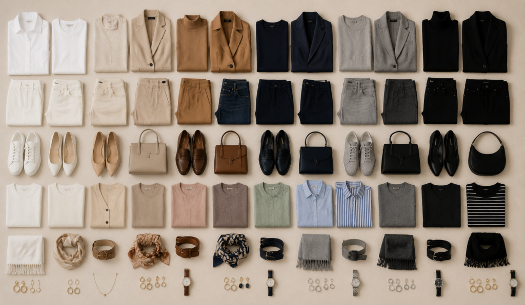 Capsule wardrobe colour palette featuring neutral clothing with complementary accent colours