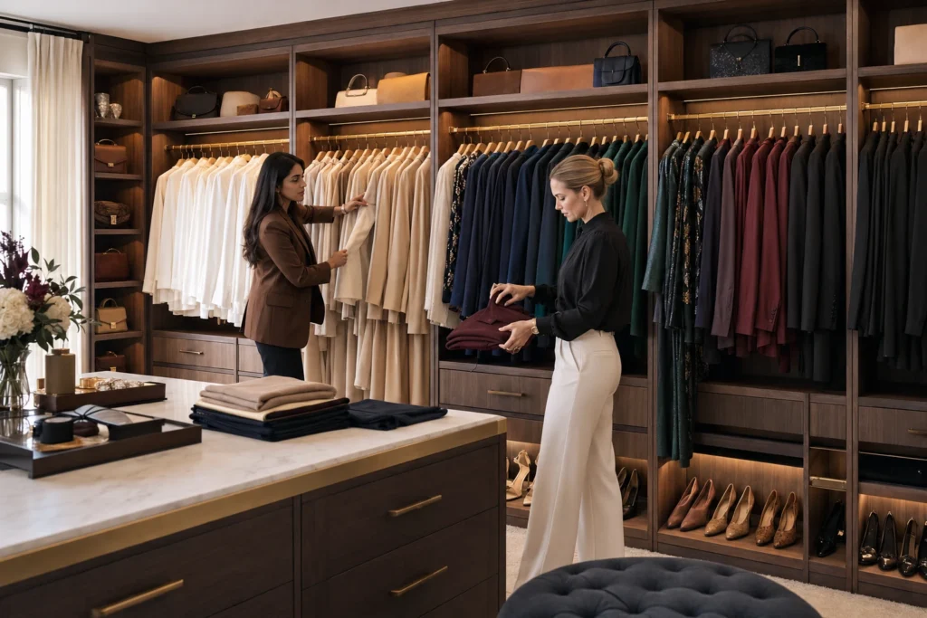 Pakistani fashion stylist and Western fashion consultant organising a luxury capsule wardrobe by colour.