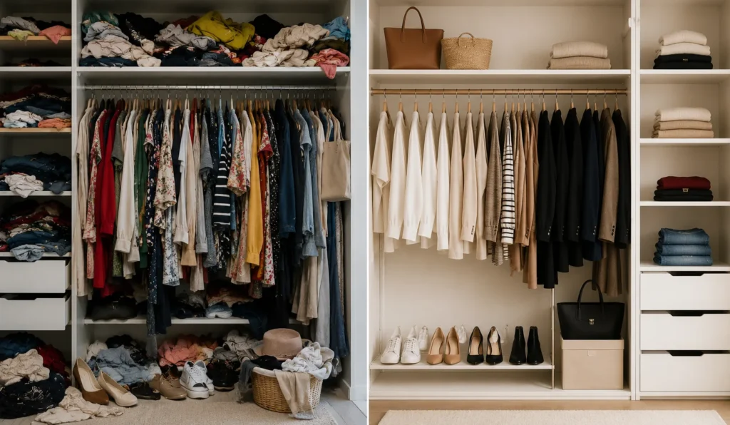 Comparison showing common capsule wardrobe mistakes and a well-organised minimalist wardrobe