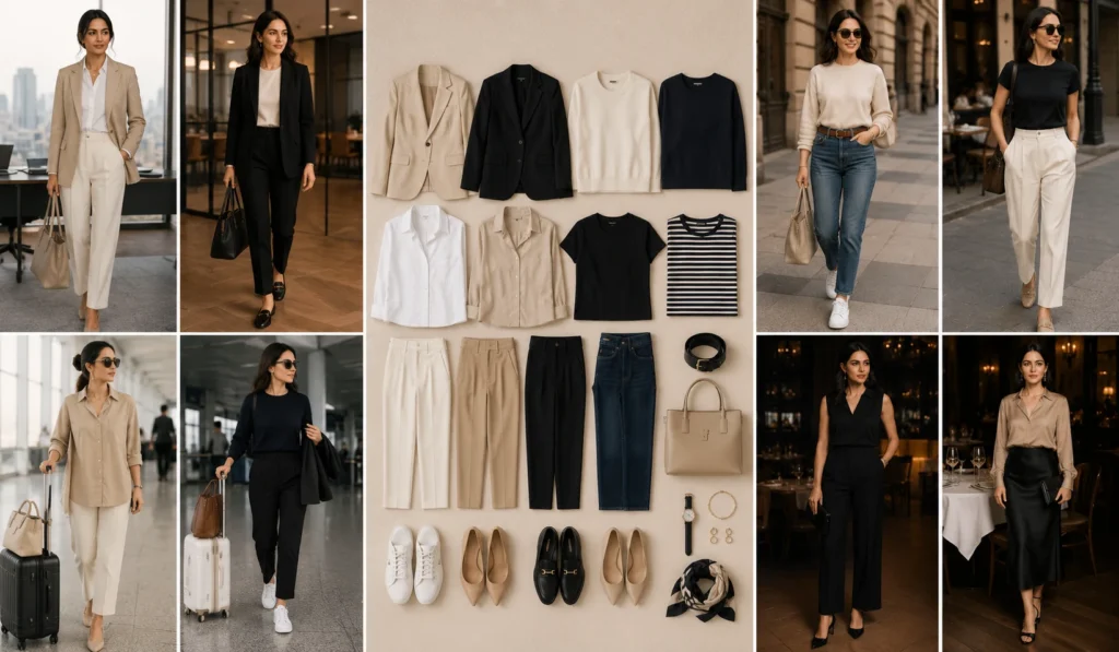 Multiple outfits created from a capsule wardrobe