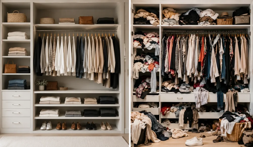 Capsule wardrobe compared with a traditional overcrowded wardrobe