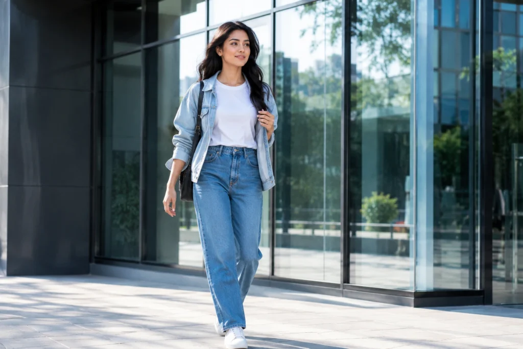 Young woman wearing a casual outfit with jeans, sneakers, and a white T-shirt