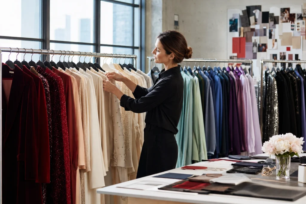Fashion stylist selecting coloured garments to demonstrate colour psychology in clothing