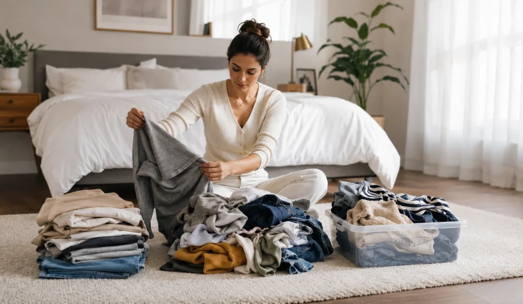 Person organising a capsule wardrobe by sorting clothing into keep, donate and recycle piles