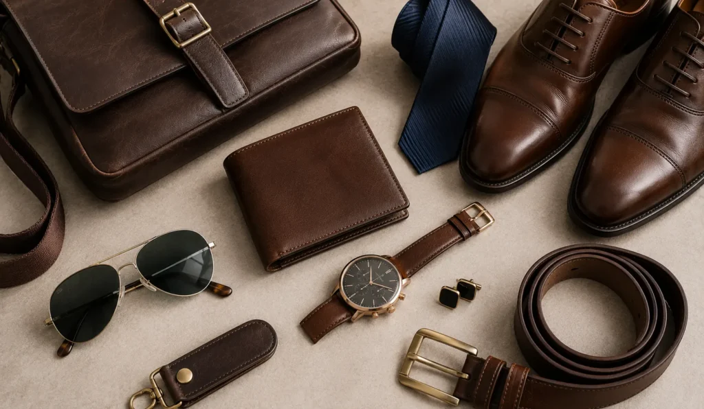 Essential fashion accessories guide featuring watches, belts, wallets, shoes and sunglasses for men