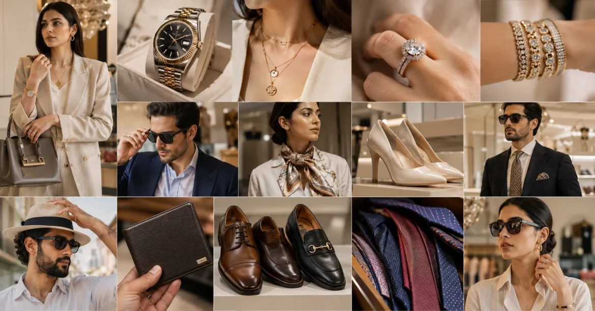 Fashion accessories guide featuring handbags, watches, jewellary, shoes and sunglasses