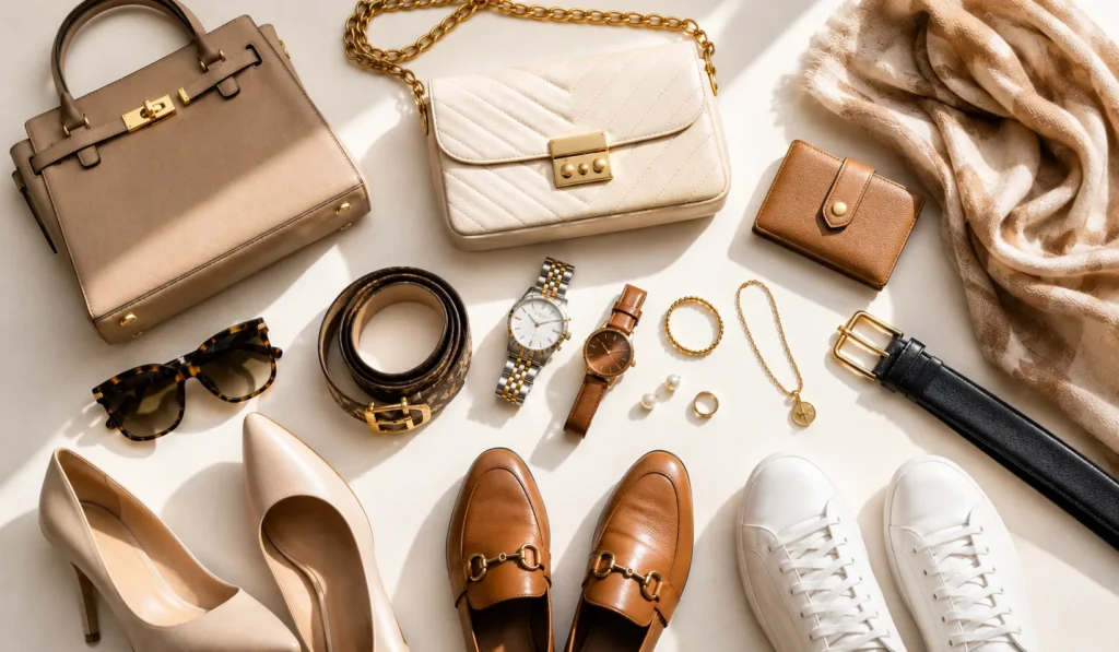 Fashion accessories including handbags, watches, jewelry, sunglasses, belts and shoes arranged neatly