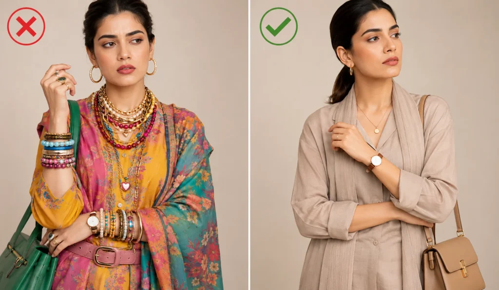 Comparison showing common accessory mistakes versus balanced accessorizing