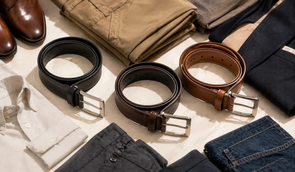 Different types of fashion accessories featuring stylish leather belts for casual and formal wear