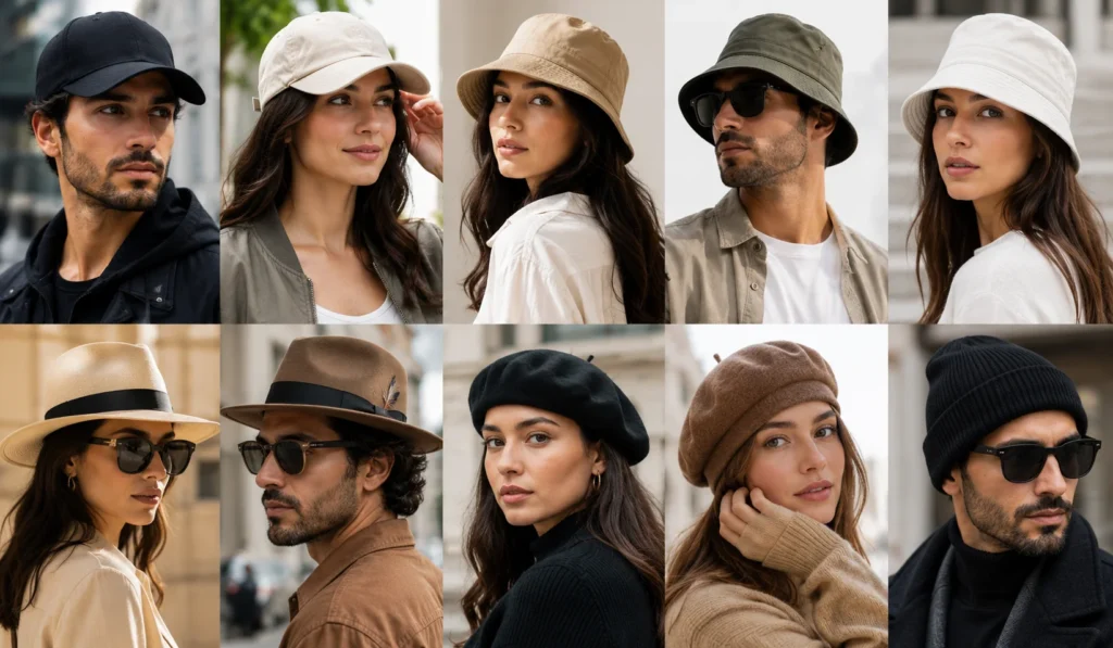 Fashion accessories guide showing baseball caps, fedoras, bucket hats and beanies