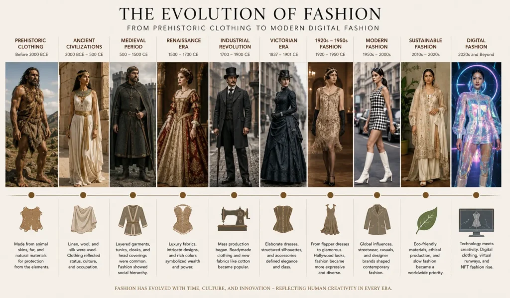 Timeline showing the evolution of fashion from prehistoric clothing to modern digital fashion