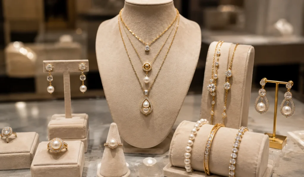 Elegant necklaces, rings, bracelets and earrings displayed together