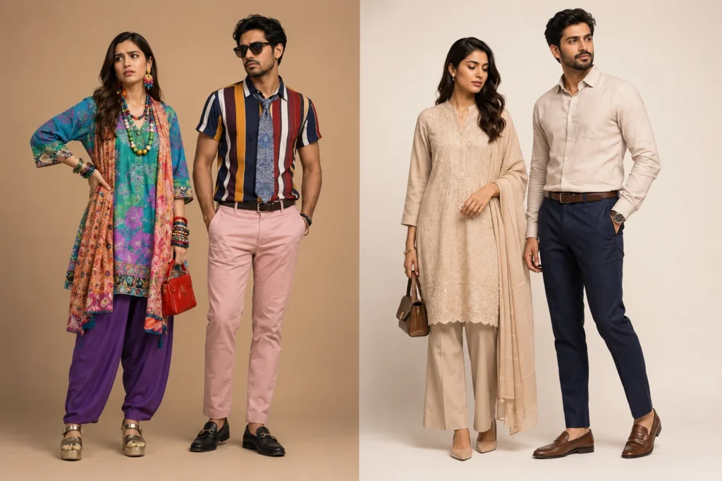 Comparison between well-styled outfit and common fashion mistakes