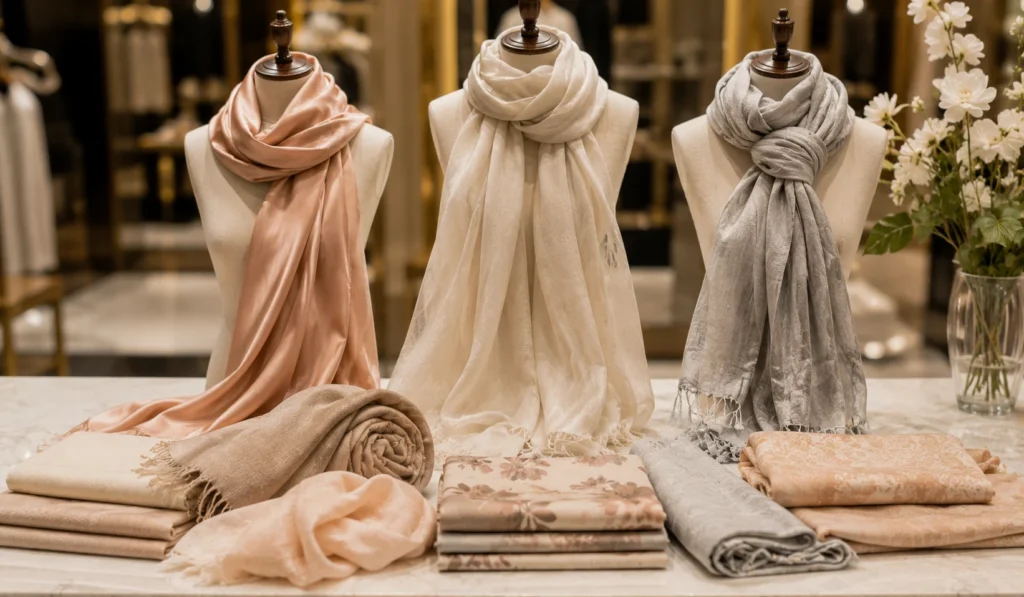 Fashion accessories guide showing stylish silk and wool scarves for men and women