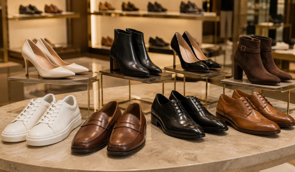 Different types of fashion accessories including sneakers, loafers, heels and formal shoes