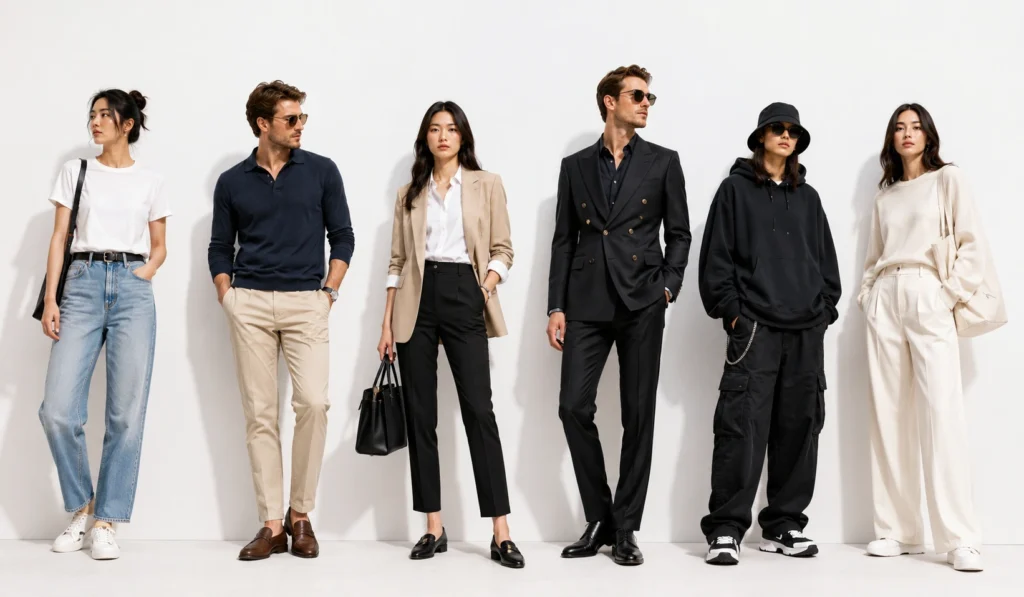 Different fashion styles displayed together including casual, formal, luxury and streetwear