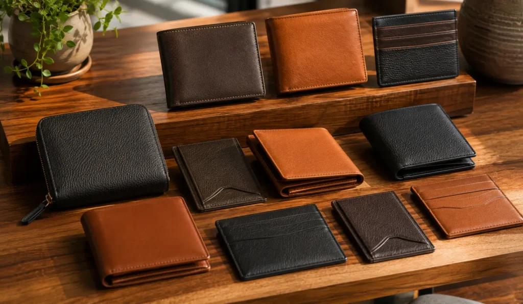 Fashion accessories guide showing premium leather wallets and card holders