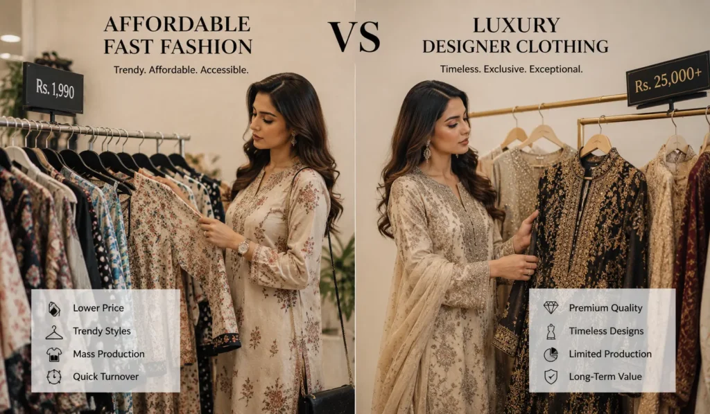 Comparison between affordable fast fashion and luxury designer clothing