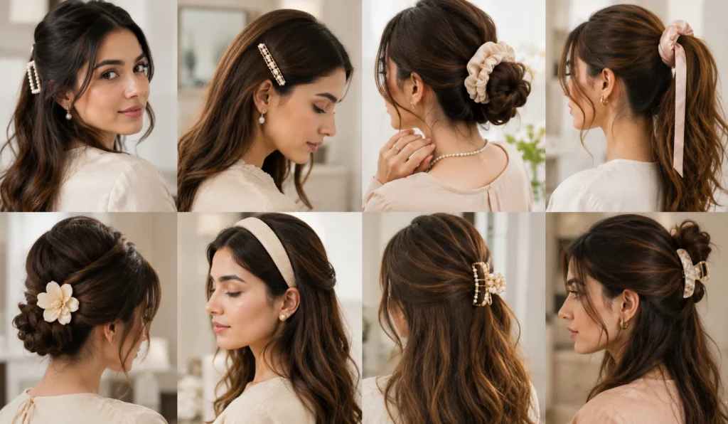 Fashion accessories guide featuring elegant hair clips, headbands and scrunchies