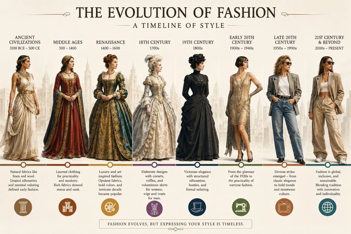 Timeline showing the evolution of fashion from prehistoric clothing to modern digital fashion.