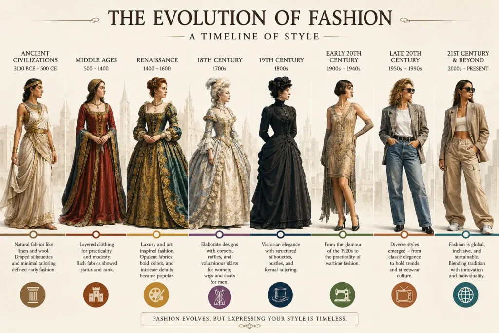Timeline showing the evolution of fashion from ancient clothing to modern styles