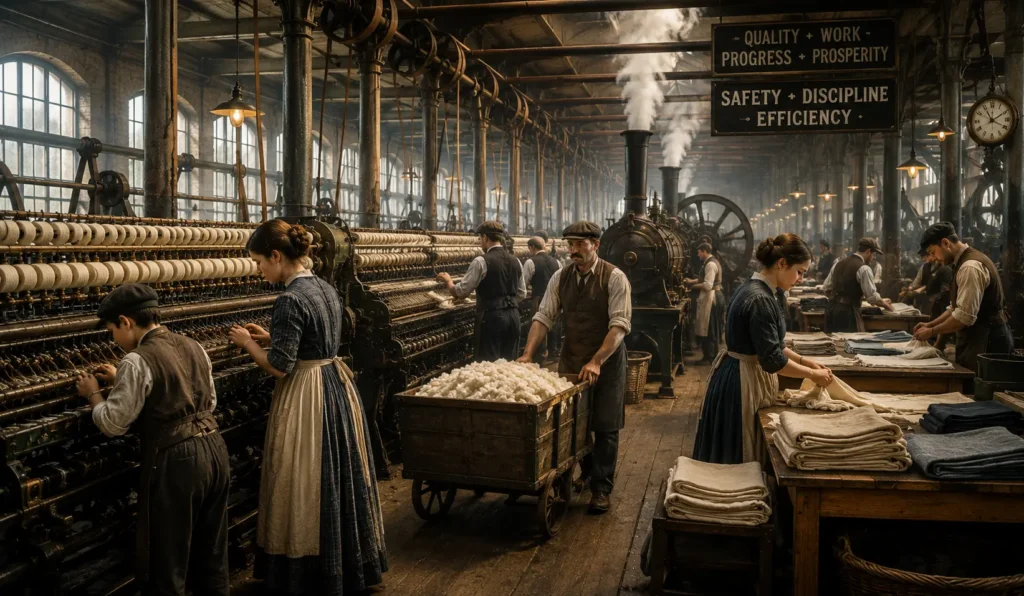 Textile factory during the Industrial Revolution producing clothing