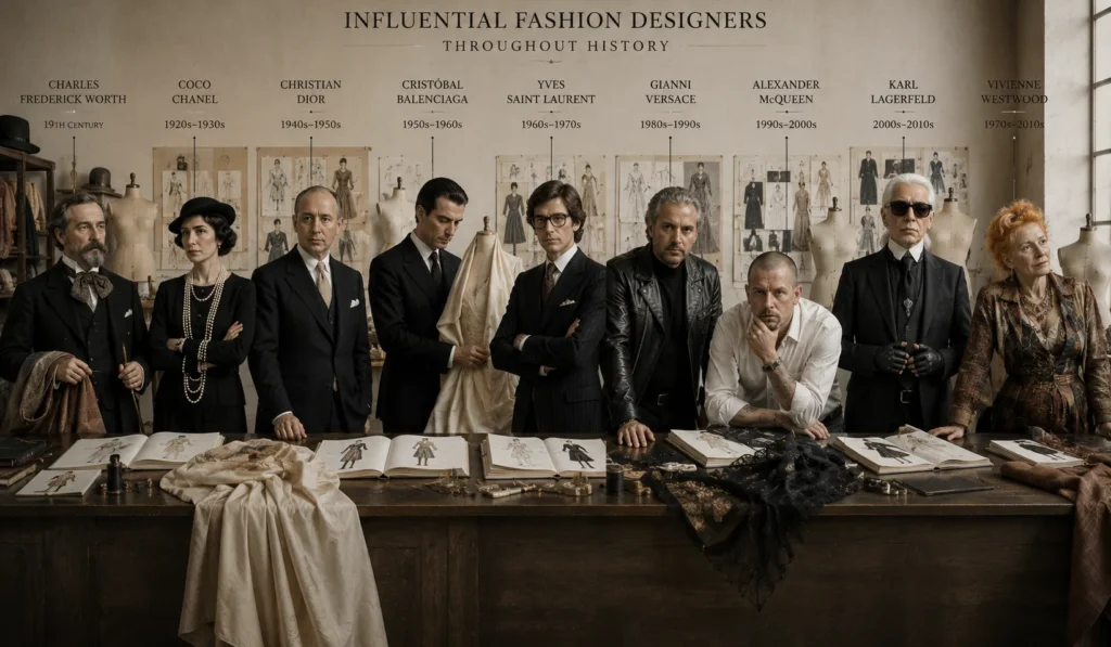 Illustration representing influential fashion designers throughout history