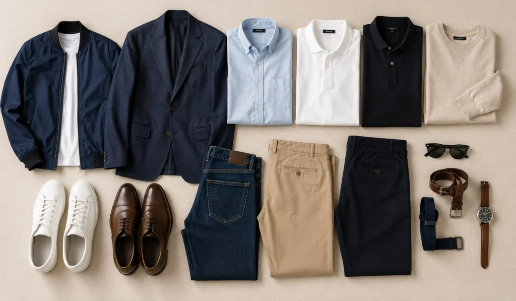 	
Men's capsule wardrobe featuring timeless shirts, trousers, jackets, shoes and accessories