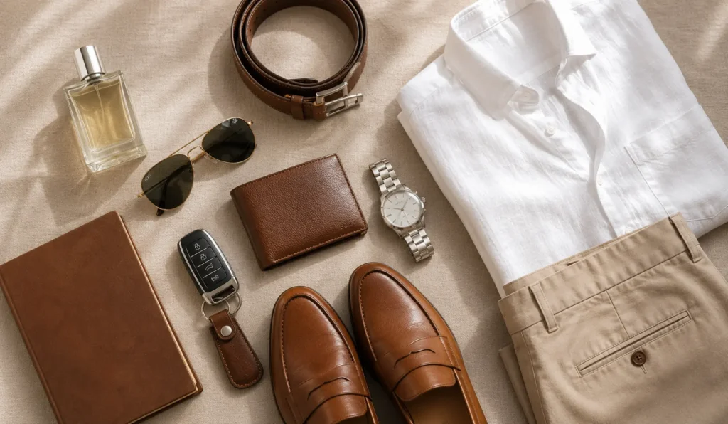 Luxury men's summer accessories including watch sunglasses leather belt wallet and fragrance