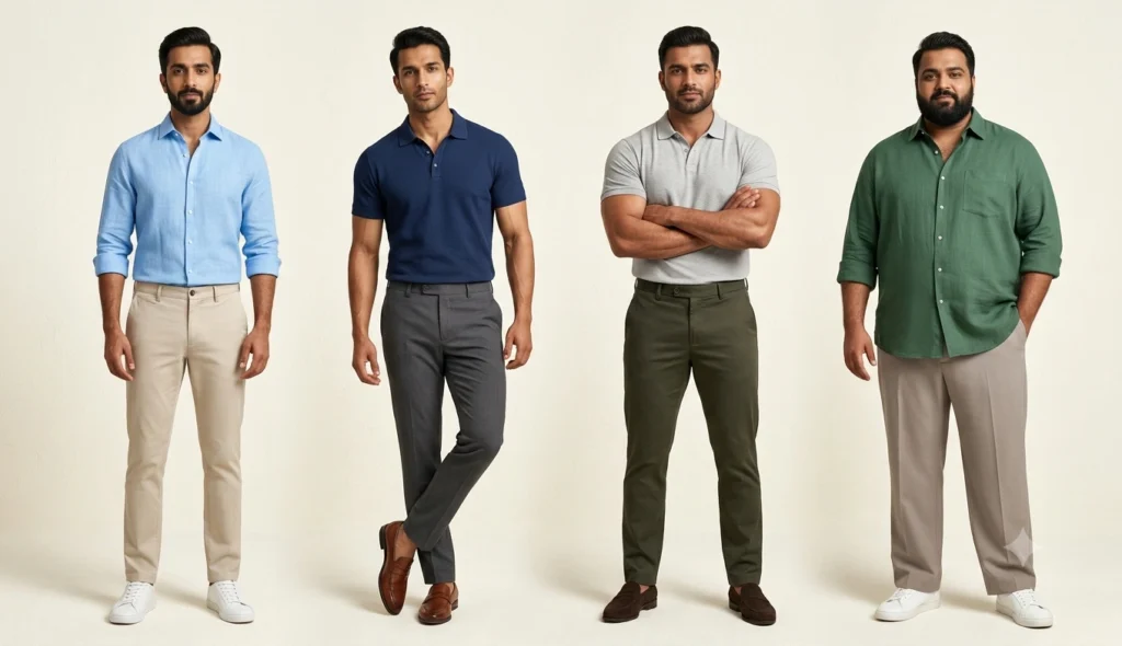 Illustration showing different male body types wearing well-fitted summer clothing including linen shirts, chinos and loafers.