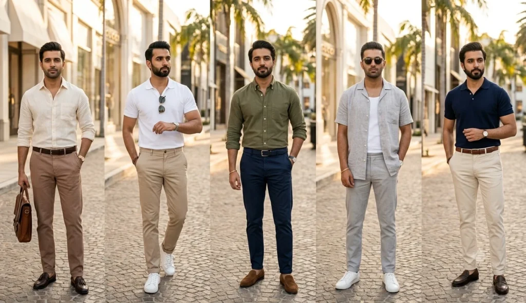 Stylish Pakistani men wearing neutral summer colours including beige white olive navy and cream outfits
